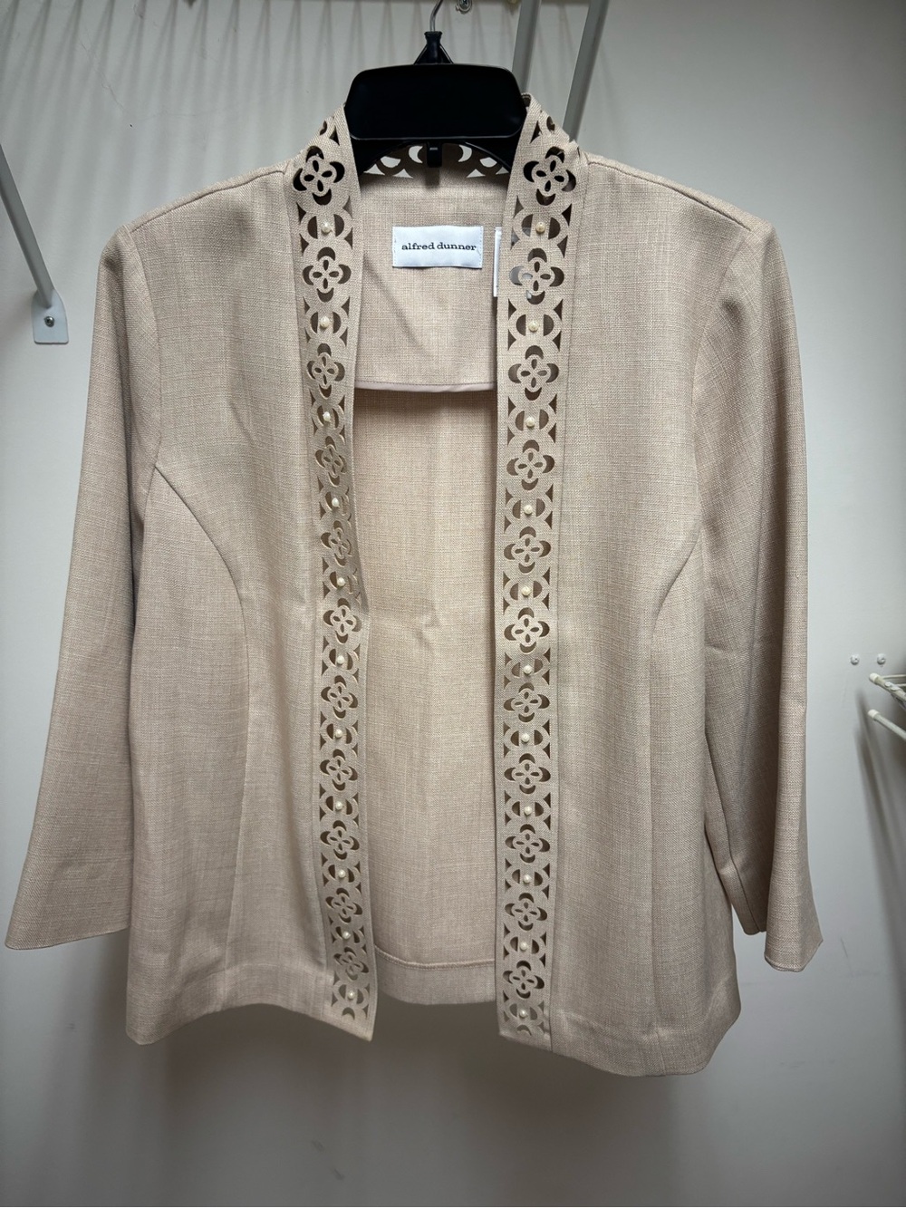 Alfred Dunner Sandstone Open-Front Jacket with Floral Cutout Trim